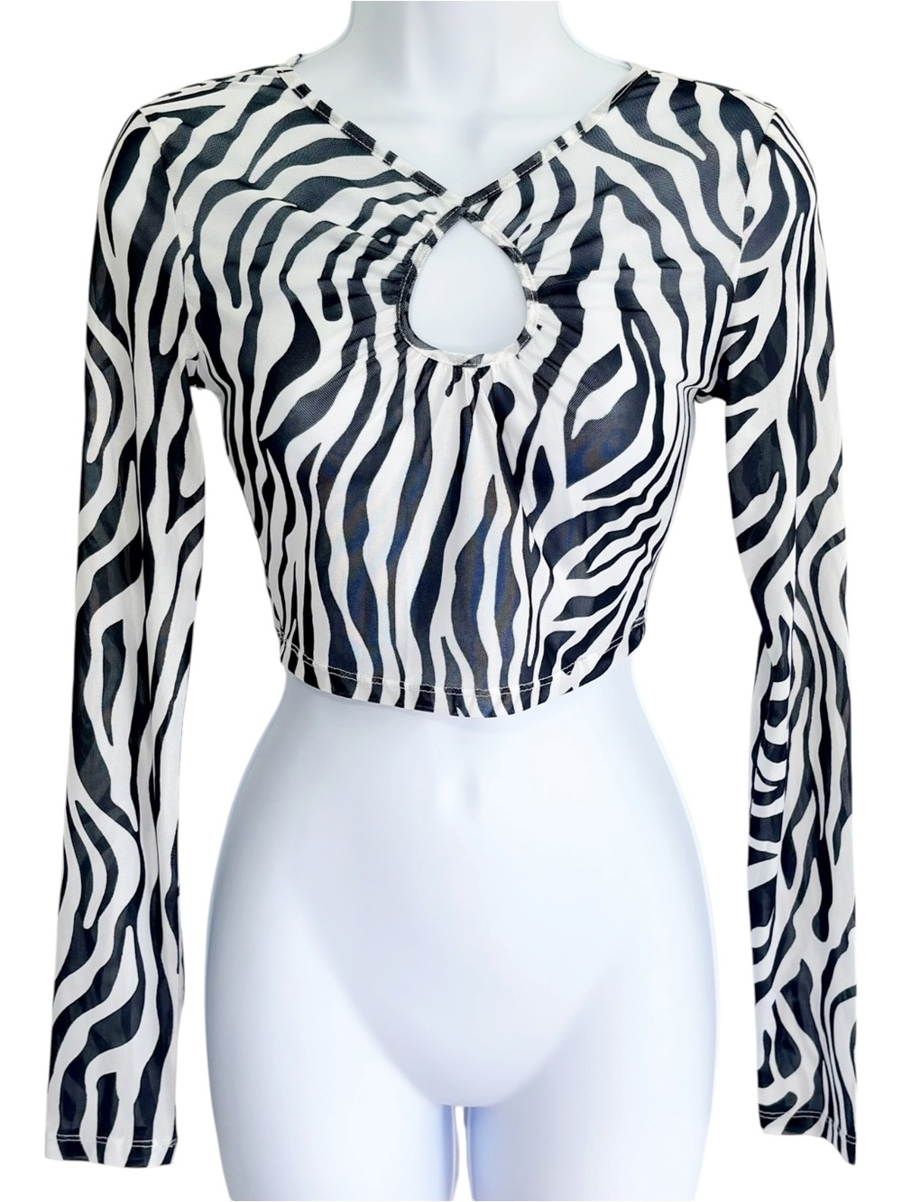 NWT PRINCESS POLLY Casey Zebra Print Sheer Mesh Crop Top Long Sleeve Size 4
